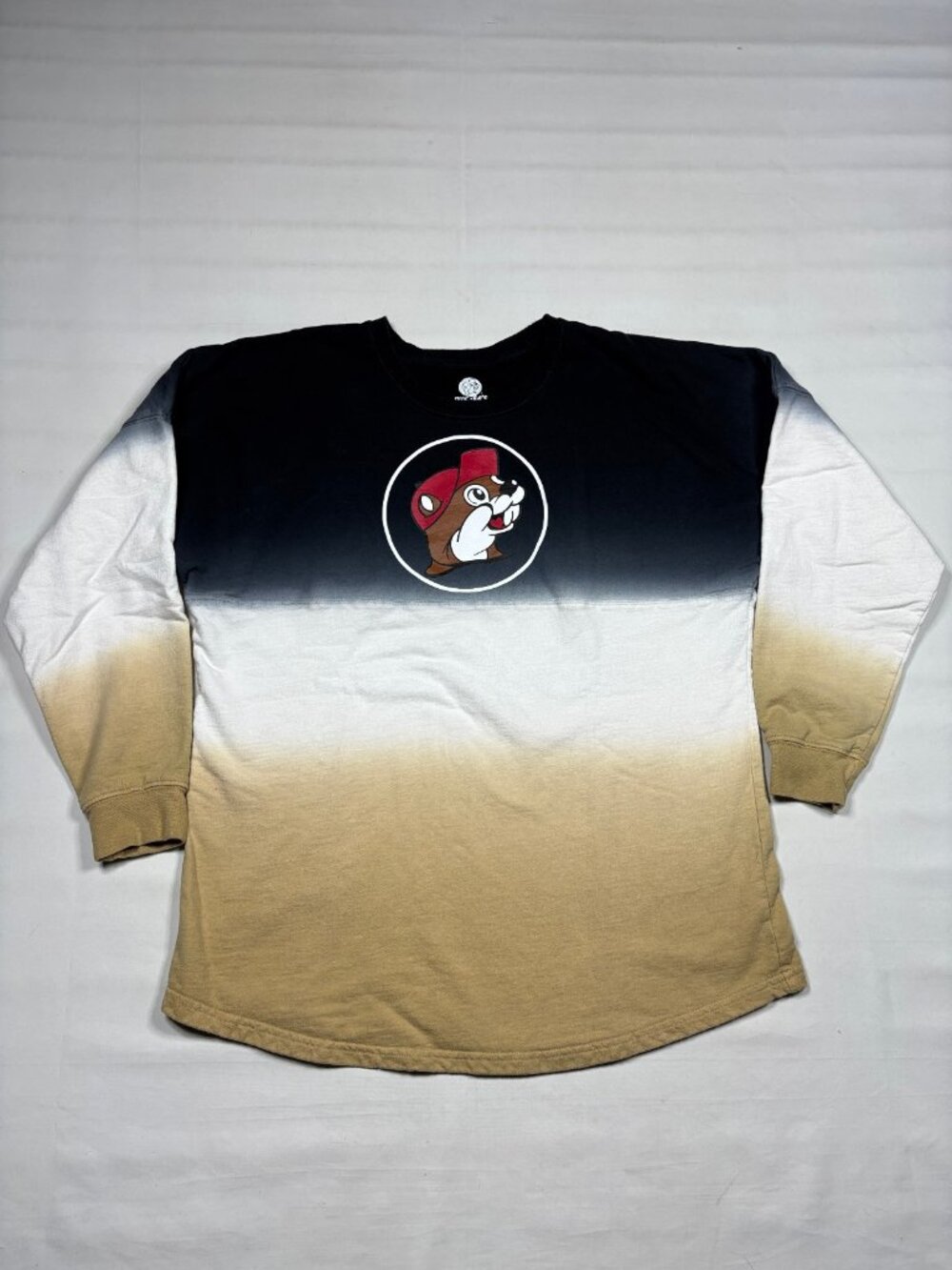 Buc-ee's Spirit Jersey Ombre Dip Dye Long Sleeve Shirt Beaver Black Tan Adult SM